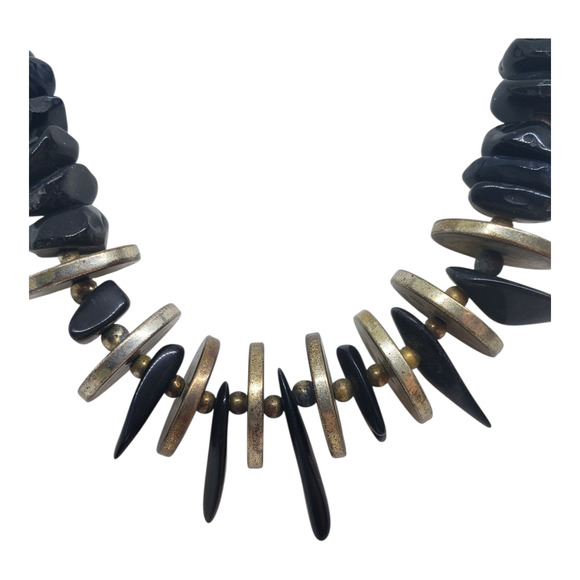 Chunky Black Onyx Statement Necklace Metal Discs Spikes Silver Plated Beads Boho - Picture 5 of 14